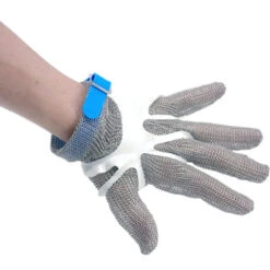Omcan - Five Finger Stainless Steel Mesh Glove With Blue Silicone Strap Large - 44350